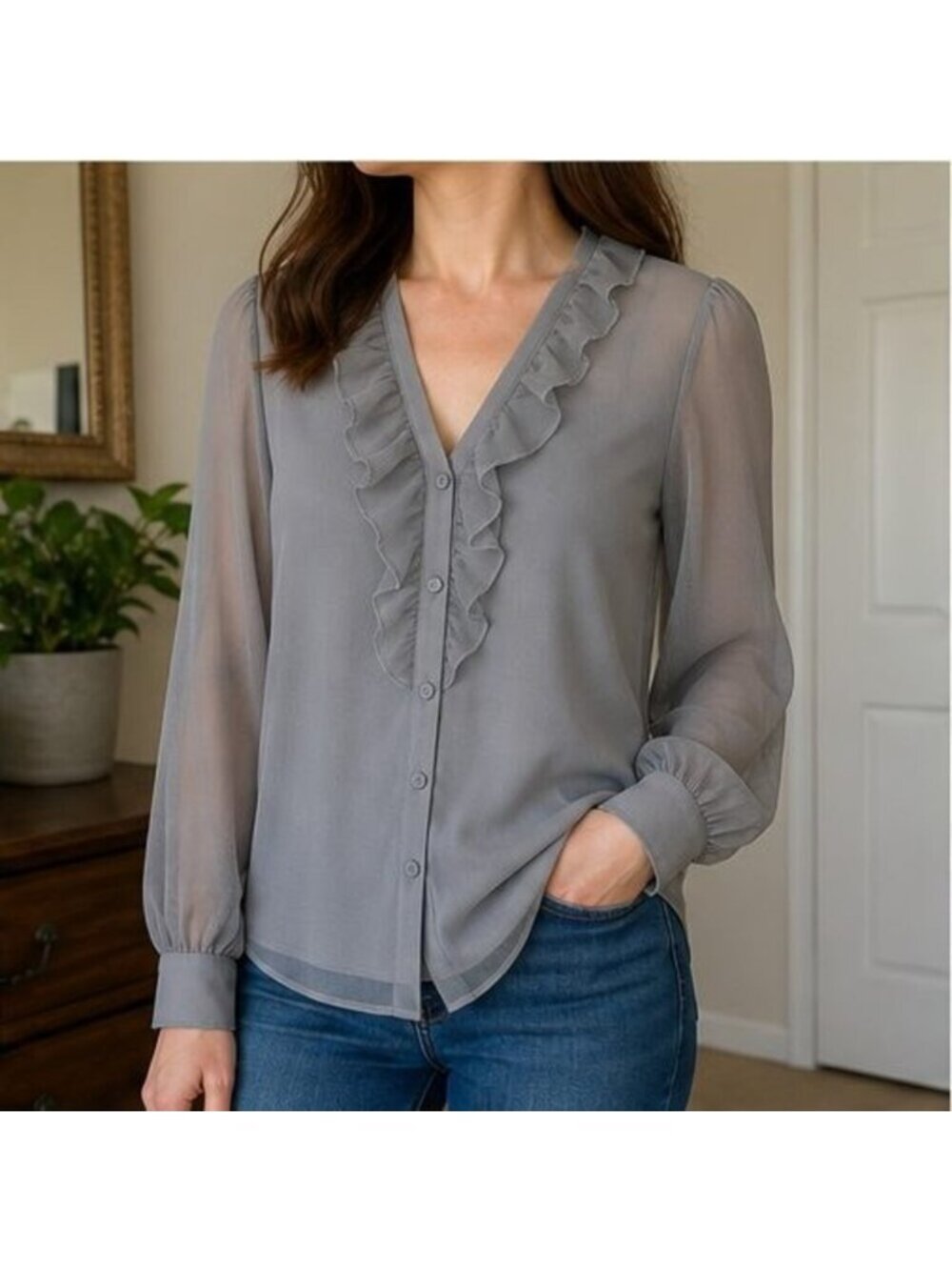 Gray Ruffle Blouse - Picture 2 of 6